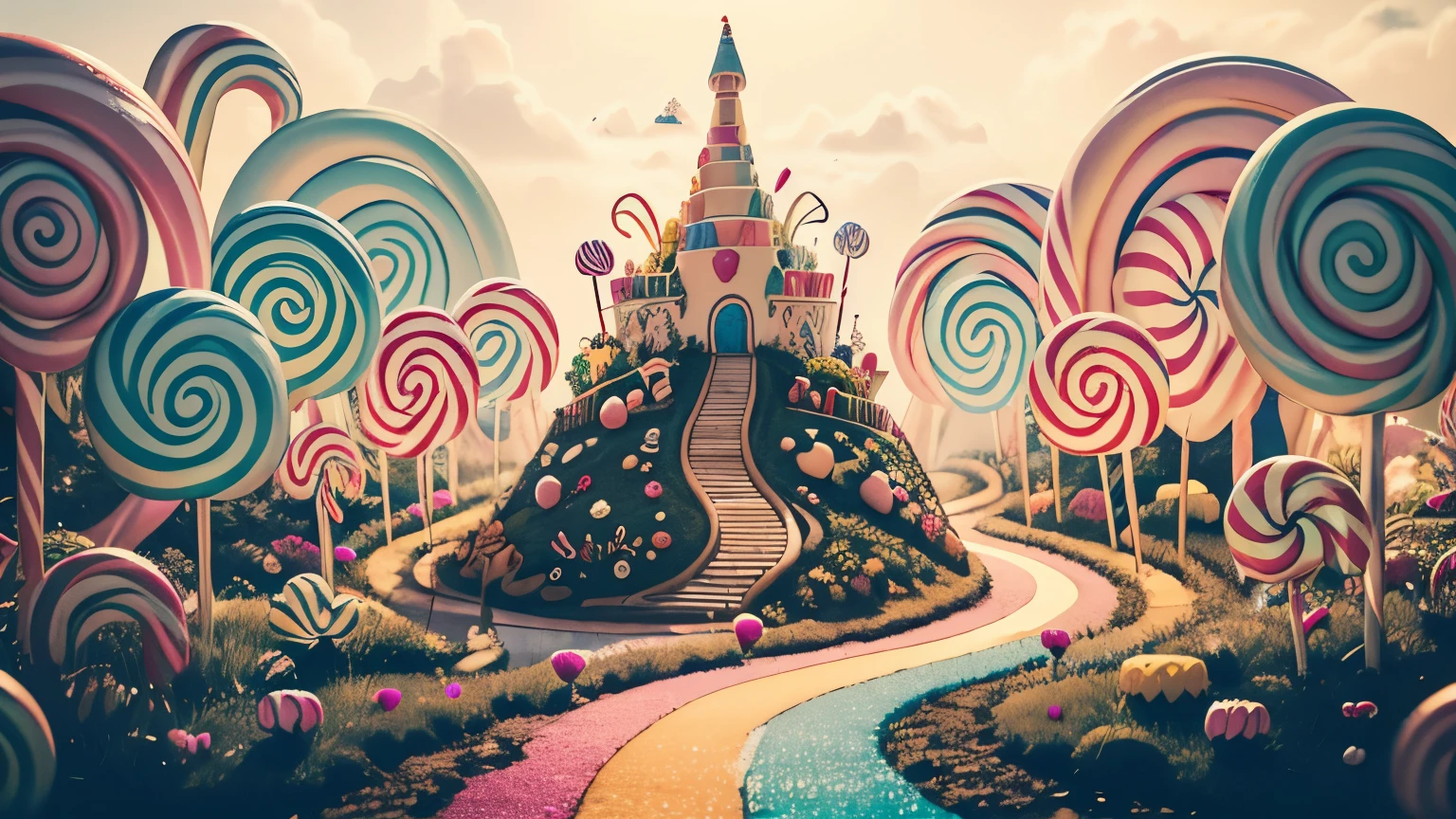 (Masterpiece, best quality),8k,an (enchanted) (magical) (garden),fairy tales,vibrant colors,gorgeous color grading,surrounded by magic on a dreamlike mountain,harmonious colors,8k,intricate detail,digital art,sharp focus,fairy tales,(candyland:1.5),ice cream,fantasy,rainbow,balloon,colorful,((shiny)),natural lighting,cake,candy,happy,divine proportions 