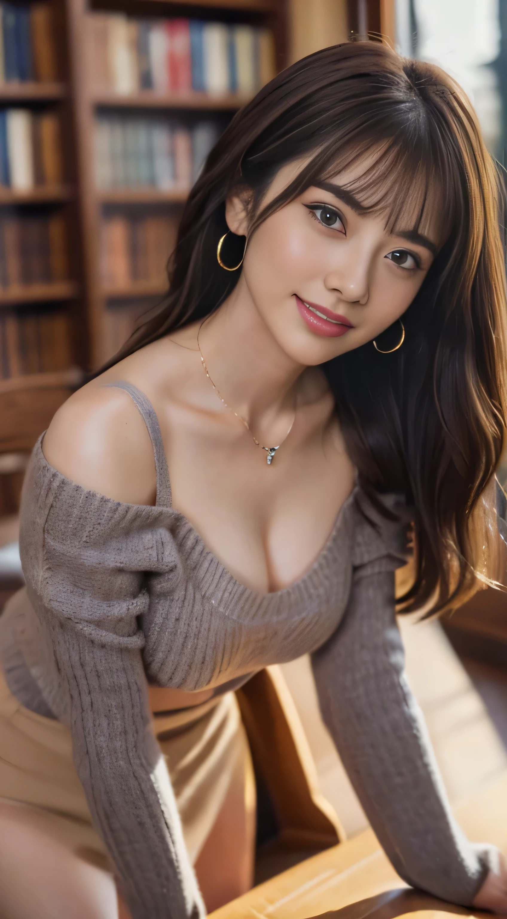 ((table top, highest quality, High resolution, , perfect pixel, 4k, ))), 1 girl, single, alone, Beautiful woman、(An angle where you can see the whole body)、 ((middle wave hair, bangs, brown hair)), ((brown eyes, beautiful eyelashes, realistic eyes)), ((detailed face, blush:1.2)), ((smooth texture:0.75, realistic texture:0.65, realistic:1.1, Anime CG style)), big breasts、soft chest、dynamic angle, perfect body, ((Female governess、、Beige off-shoulder sweater、Dark Blue Flared Skirt、black garter stockings、earrings、necklace、upward glance、shy smile、library desk、Leaning forward a lot、crawl on all fours、、I can see a little bra、Massage your chest with one hand、flip up the skirt with one hand、))