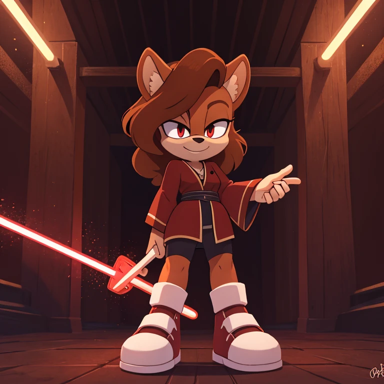 mobian, hedgehog, two-tone fur ((orange fur, brown fur)), red robe, small breasts, red lightsaber, high-top sneakers, two-tone hair (brown hair, black tip)), curly hair, red halo, red aura, jewelry, red glowing eyes, with an army behind her, longeyelashes, red eyes, smirk, super dark room, high detail, masterpiece, UHD, anatomically correct, super detail, highres, 4K