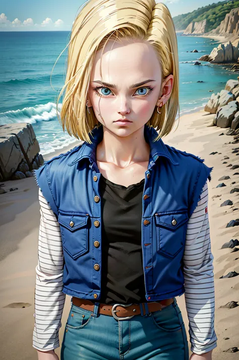 android 18,blonde hair, short hair, blue eyes, wearing earrings, vest, black shirt, long sleeves, denim jacket, looking at viewe...