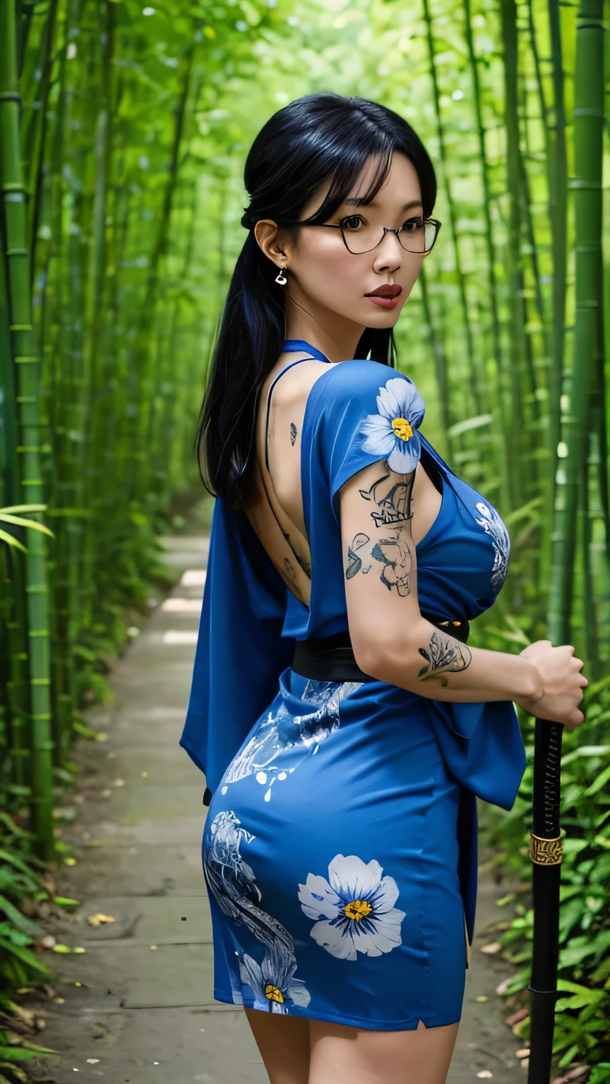 (Sexy Asian mature woman, age around 40th, big breast, glasses, big ass), (blue flower kimono, skirt dress, short tight dress, red bra), (standing), (long legs), (bamboo forest), (holding weapon, katana), (blue eyes, very long black hair tied up), (tattoo on body, tattoo on legs, tattoo on breast), (blue eyes), wearing earrings, (river), (scar in her body), (iron armor in shoulder), (black wings), (facing forward, facing camera)