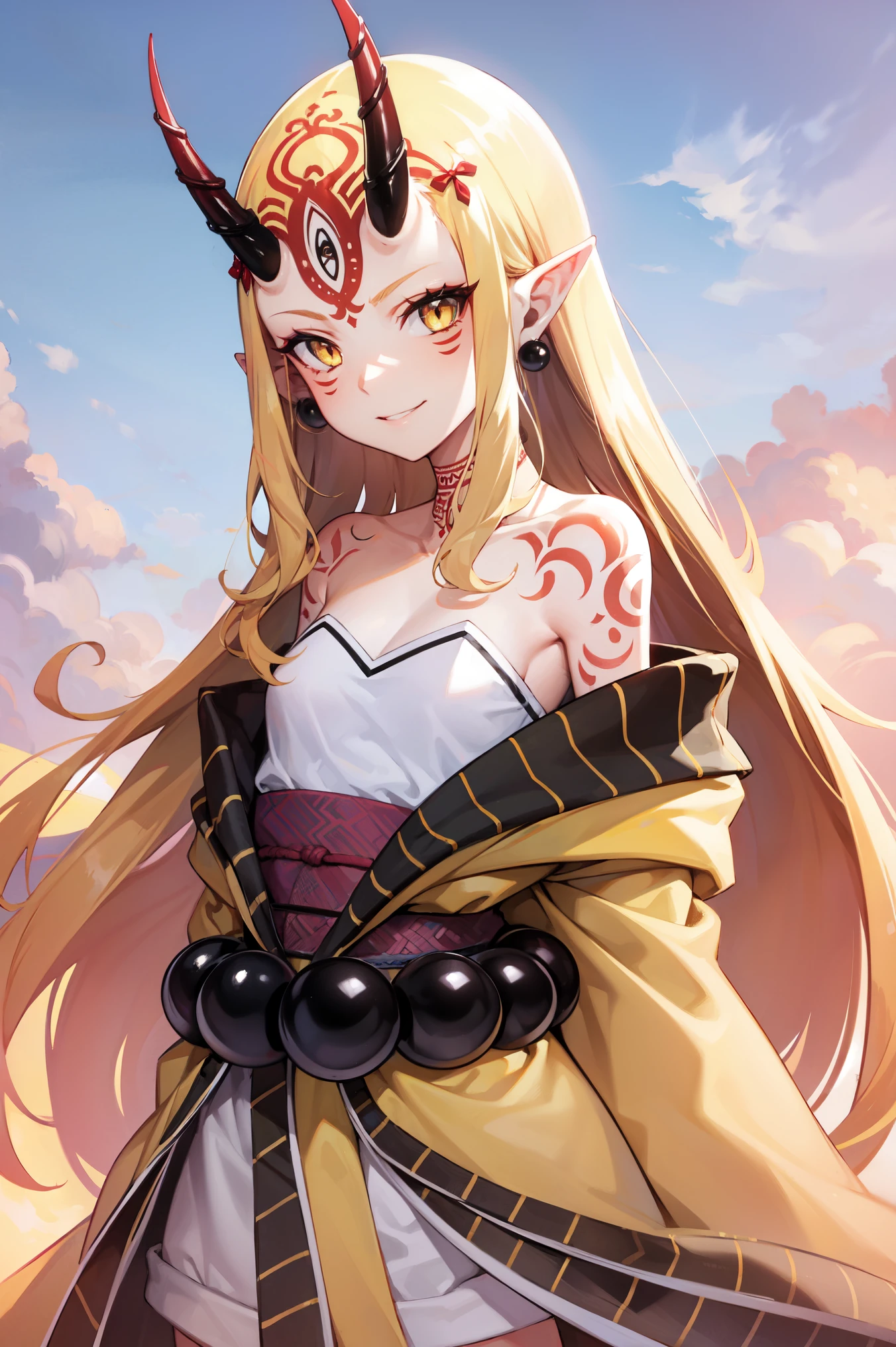 1 Mädchen, Allein, (ibaraki_Douji (Begriffsklärung), blonde, gelbe Augen, oni horns, Japanische Kleidung, spitze Ohren, Kimono, nackten Schultern, schulterfrei, yellow Kimono, flache Brust, Stirn, ((Arme hinter dem Rücken)), Haarschmuck, glattes Haar, Schmuck, Ohrringe, großes Lächeln, smug, Oberkörper, Stehen, Meisterwerk, beste Qualität, 8k, Schön