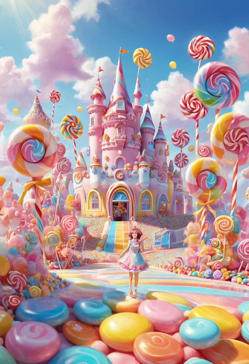 1girl, Candyland, aesthetic, (best quality, highres), ultra-detailed, (realistic:1.37), vibrant colors, candy-themed, dreamlike, enchanting, whimsical, sunlit, joyful, playful, sugary attire, magical, enticing aroma, candy castle, candy river, cotton candy clouds, lollipops, candy cane columns, sugar sculptures, gumdrop boats, candy fish, vibrant flowers, cheerful musicians