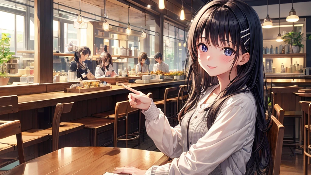 (original photo, best quality), 1 girl,  Naoha Kiritani, natural lighting, Upper body, cafes, Smile,
Satosh Khan Art Style