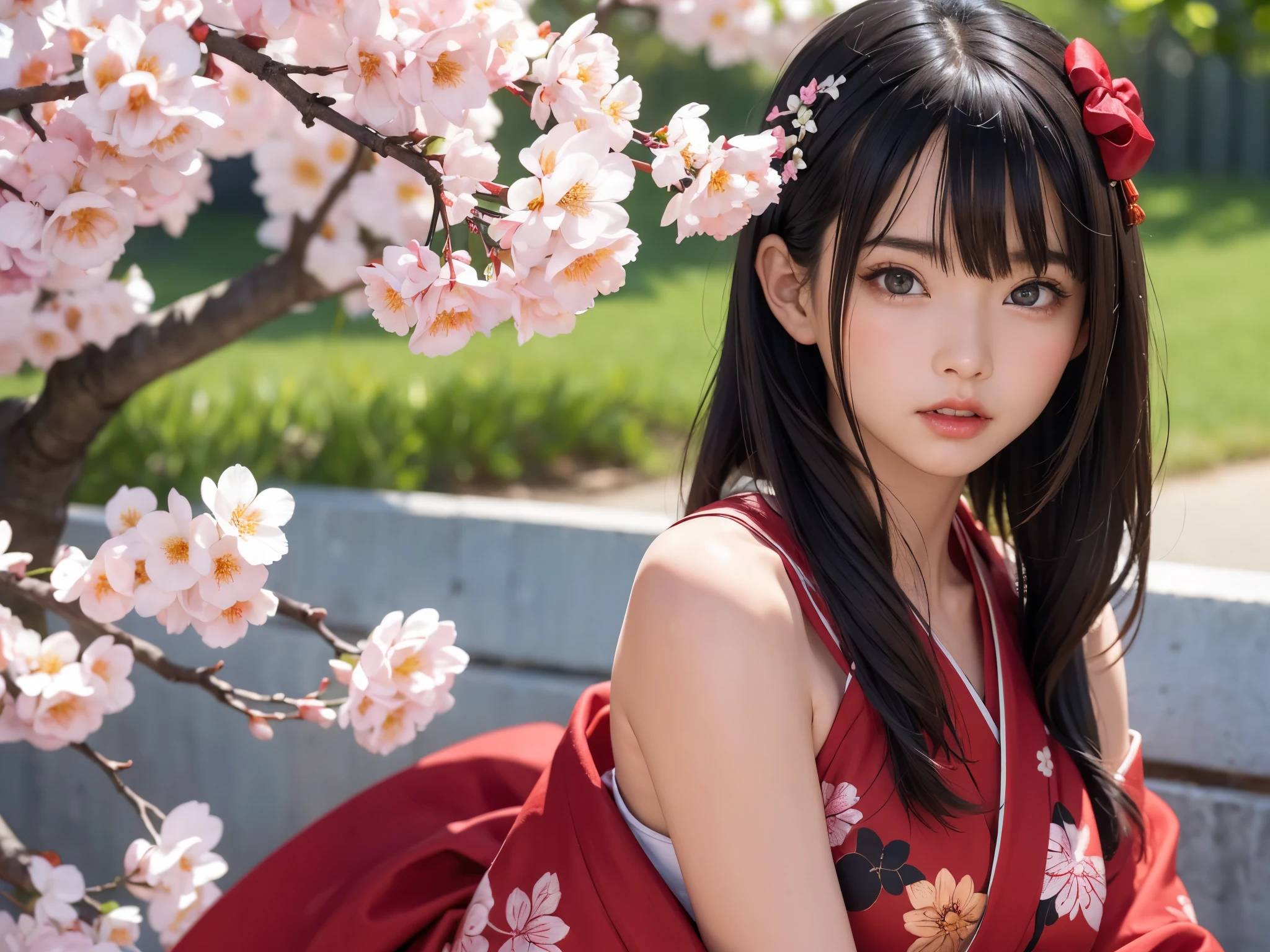 ((master piece))、((super detailed))、((beautiful girl))、(best quality)、(Cherry tree in full bloom)、(looking at the viewer)、(glamorous body)、(realistic black hair)、reflex hair、pout a little、beautiful and fine eyes、(red kimono、open shoulder、open nipples)