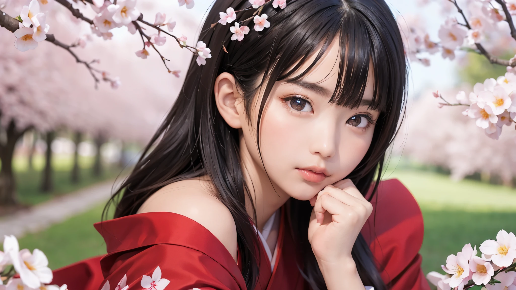 ((master piece))、((super detailed))、((beautiful girl))、(best quality)、(Cherry tree in full bloom)、(looking at the viewer)、(glamorous body)、(realistic black hair)、reflex hair、pout a little、beautiful and fine eyes、(red kimono、open shoulder、open nipples)