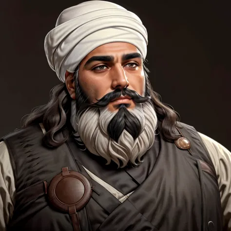 The Arab man's face, adorned with a white turban and a thick, sprawling beard, exudes an aura of wisdom and authority. The hair ...