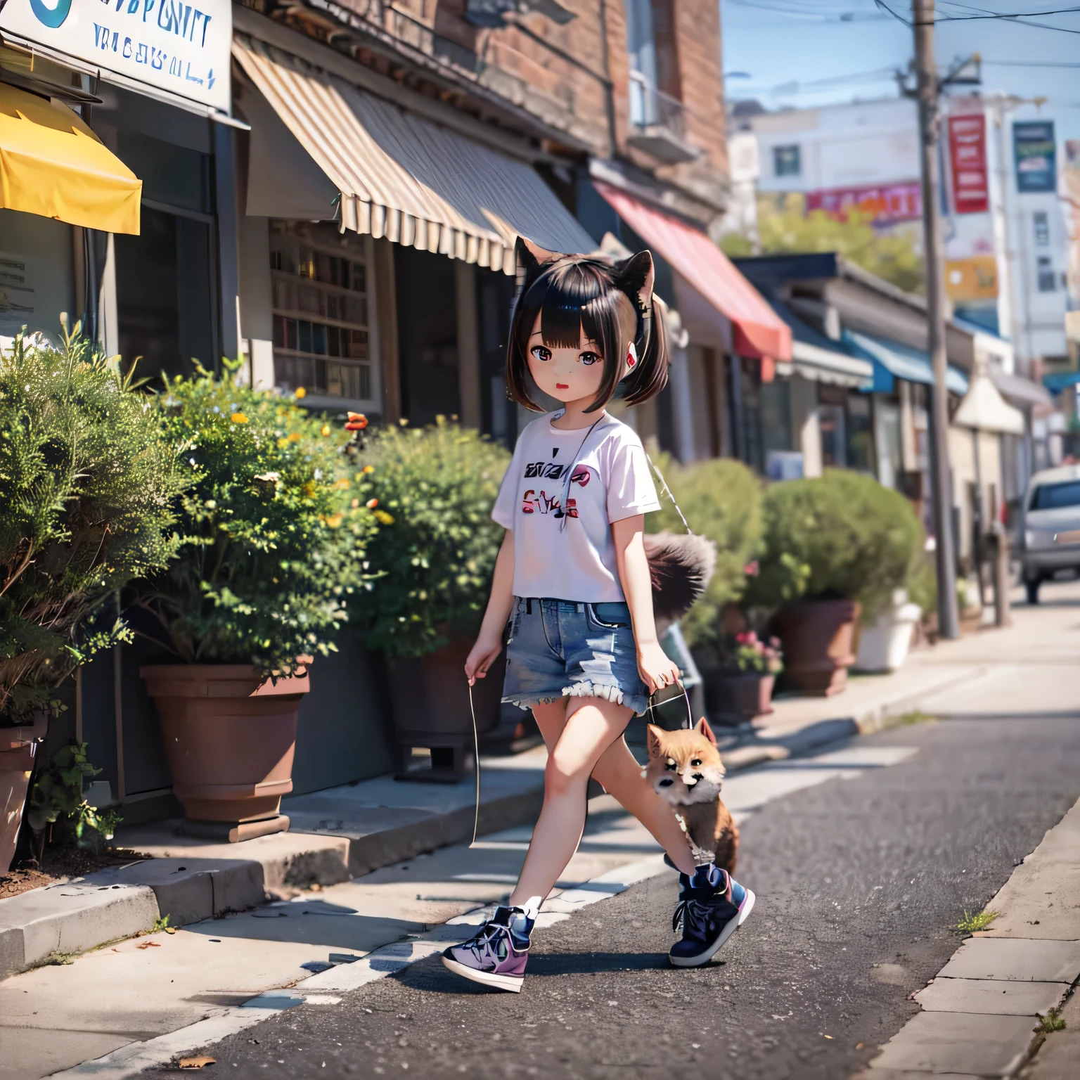 chibi, uma garota Shiba Inu andando na coleira com uma garota　centro da cidade