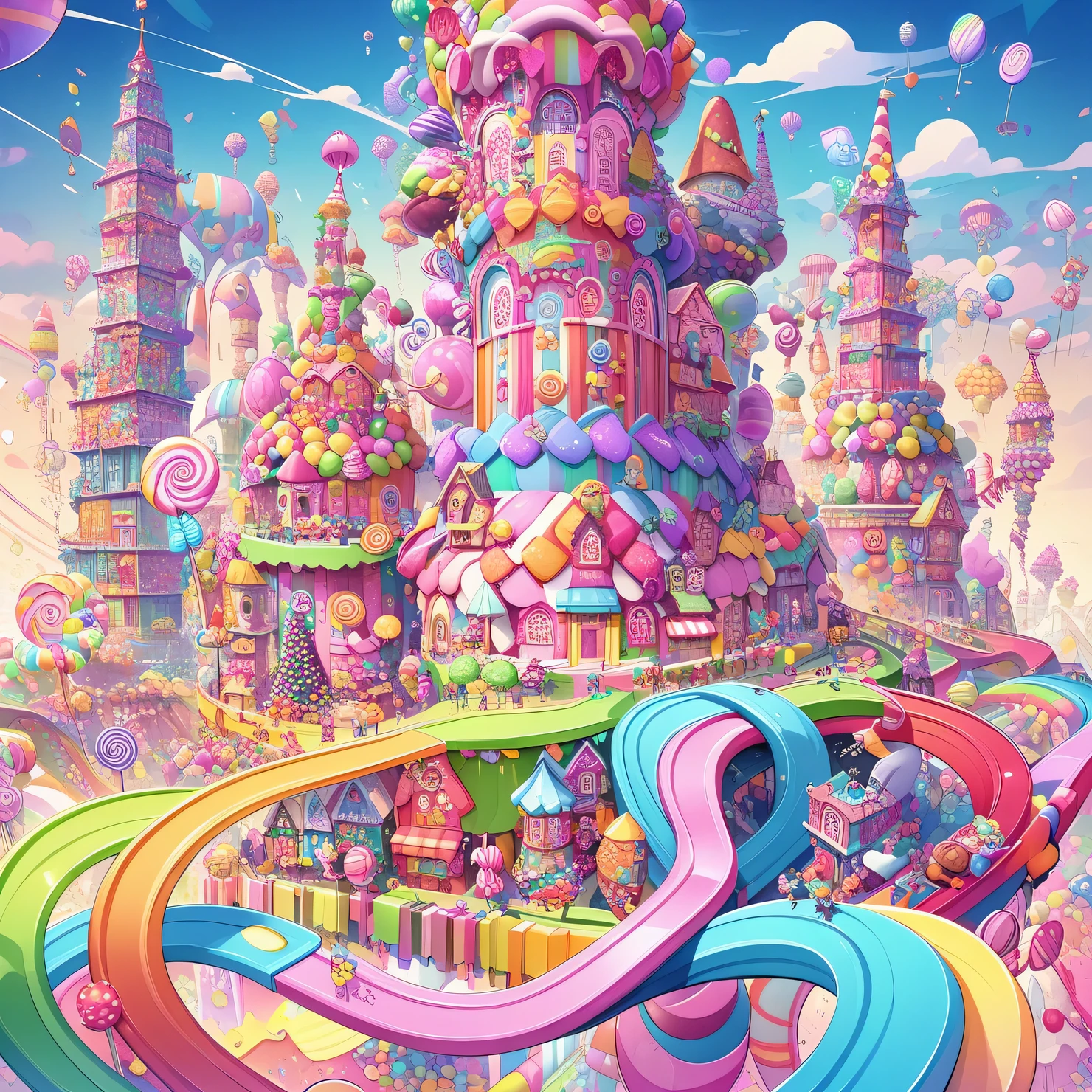Candyland très avancé et high-tech avec des maisons de bonbons, tours complexes de bonbons et arbres à bonbons, transport de bonbons et gens de bonbons, pays des bonbons techniquement sophistiqué, palette de bonbons brillants