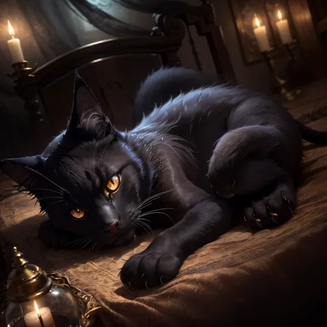 in the enchanting photograph, a mystical black cat is portrayed with an alluring aura. its piercing eyes gleam in the dimly lit ...