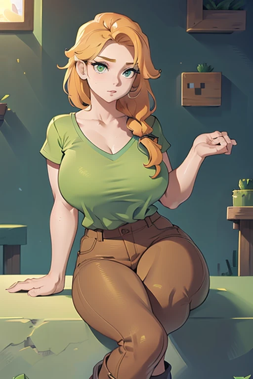 1 girl, alex minecraft, green shirt, brown pants, gray boots, full body, sitting, adult, huge breasts, BREAK masterpiece, best quality, highly detailed background, perfect lighting best quality