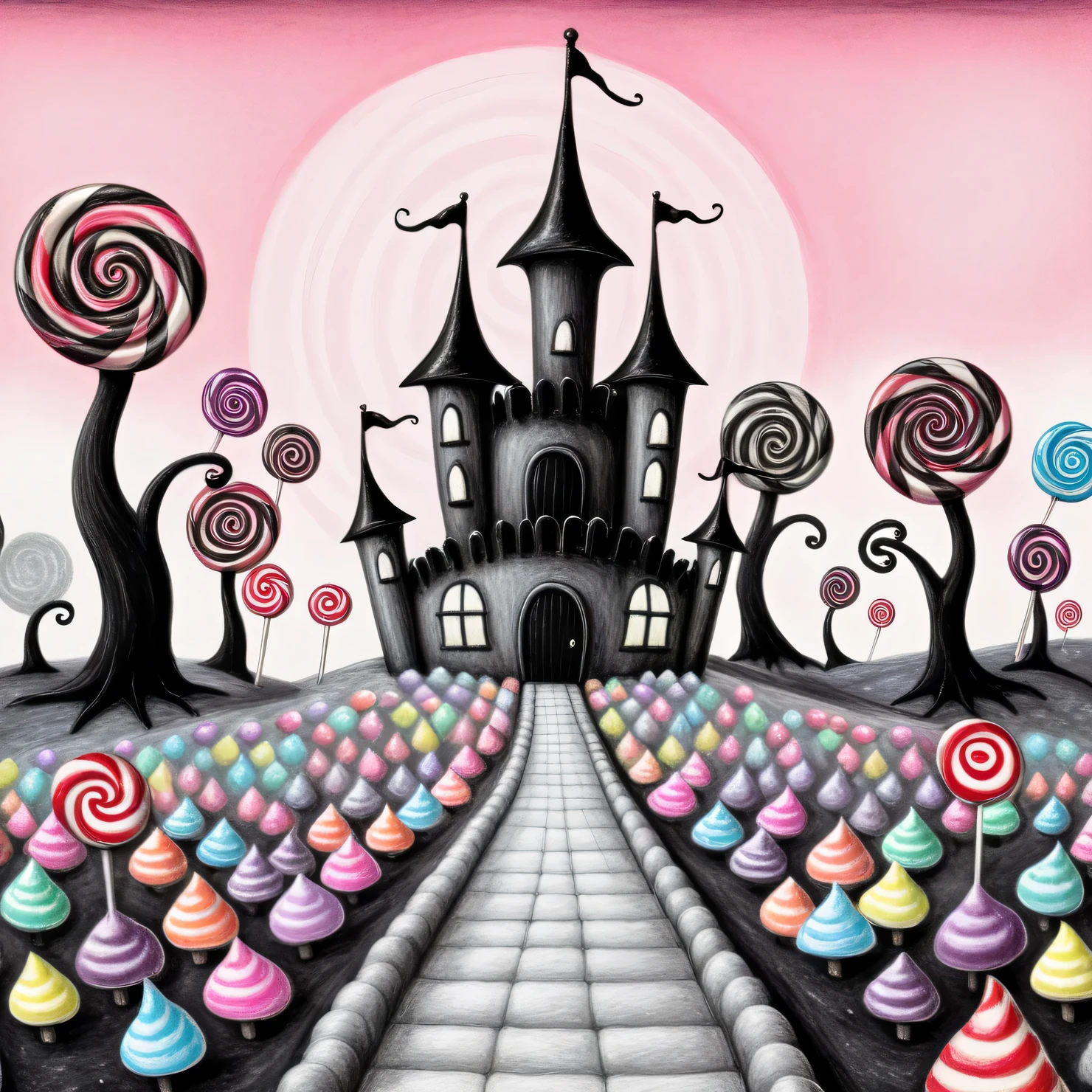 Dark fantasy, in the style of Edward Gorey, A very strange and gloomy Candyland with candy houses, candy intricate Gothic towers and candy trees, candy transport and candy monsters, technically complex candy country, candy palette, Edward Gorey, Dark fantasy
