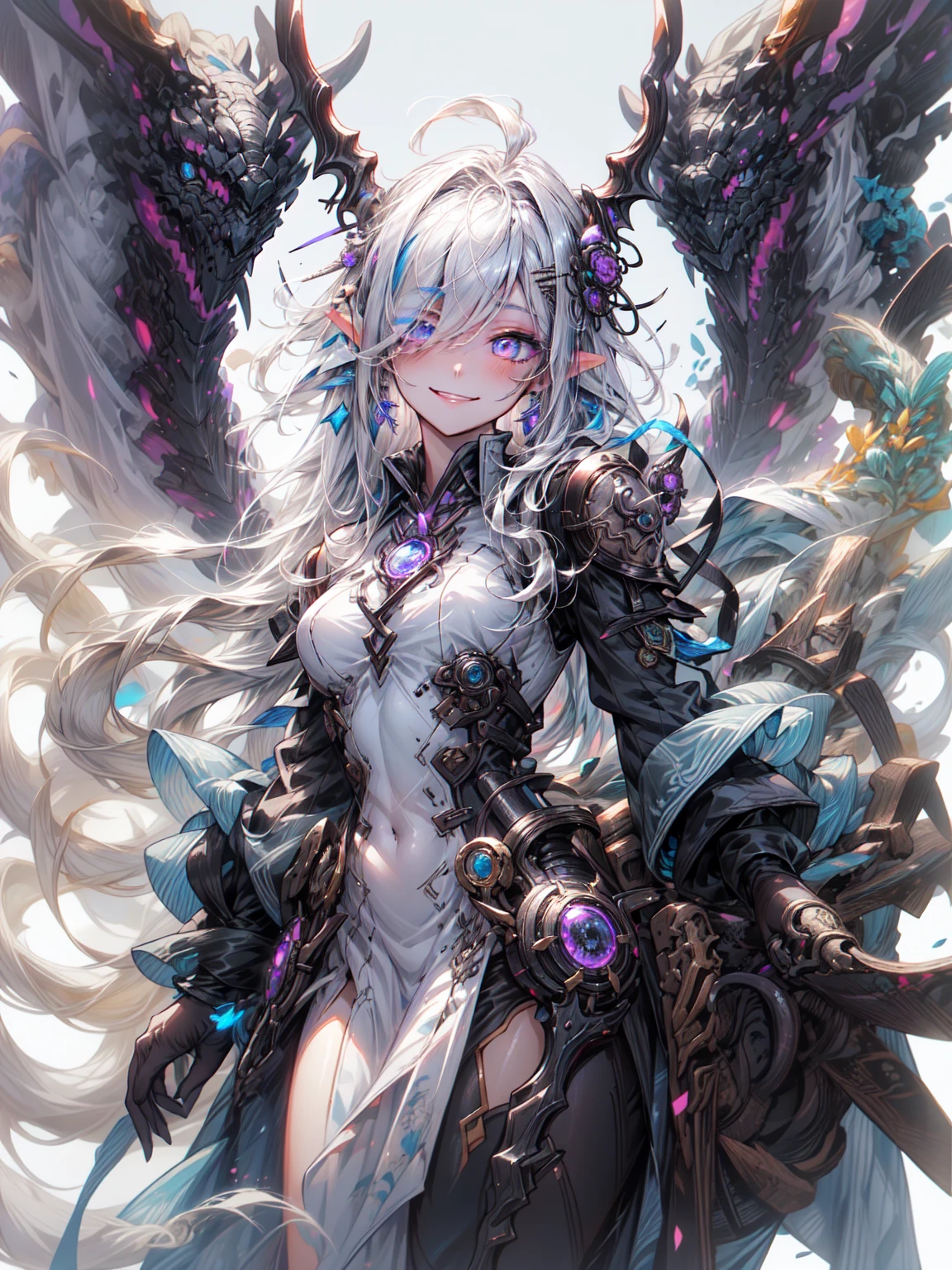 dragon ears, cbpkv5,1 girl,steampunk, (masterpiece, 最high quality, high quality, High resolution, Super detailed),   break、（dark elf), perfect face, 優しいsmile、get used to it, Ahoge, ((long hair:1.2)), (hair above one eye:1.3), [[messy hair]], Shiny blonde white hair, purple eyes, multicolored eyes, colorful hair, shining eyes, (eyelash, eye shadow, ピンク eye shadow), bright, smile, design art by Mikimoto Haruhiko, by Kawashi, By Yoshitaka Amano, dark brown skin