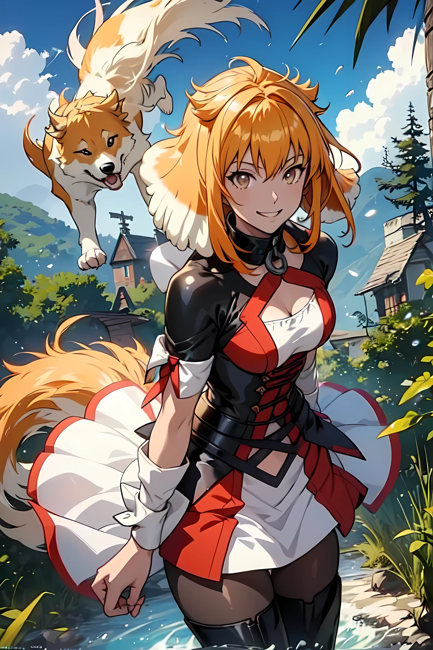 Anime, roxanne, dog ears, (dog tail), flying through the sky, golden leotard armor, In Battle, Chaos, shooting laser beams from hands, masterpiece ,pantyhose, boots,magicalgirl body suit, large skirt, smile, long skirt,standing, forest,smile, gold eyes