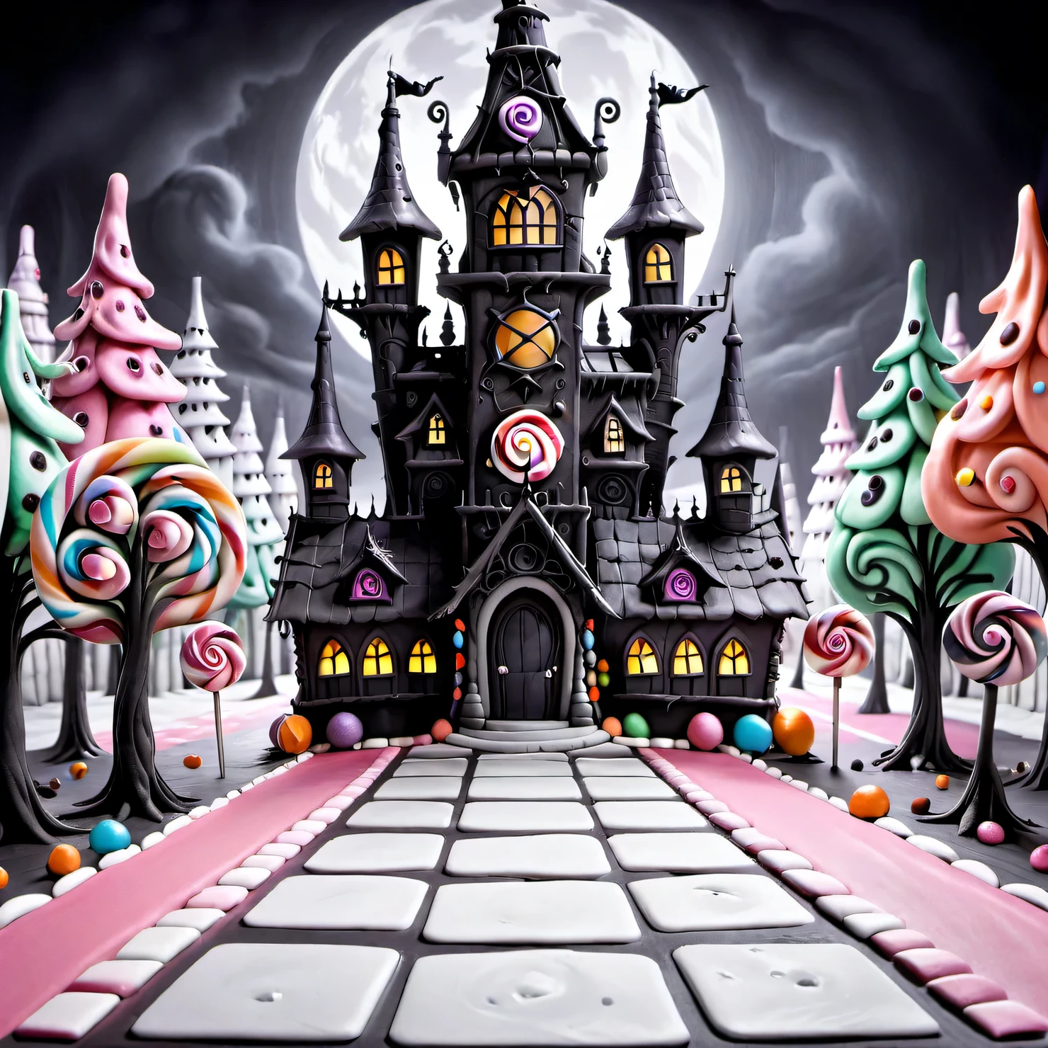 Dark fantasy, Very strange and gloomy Candyland with candy houses, candy intricate Gothic towers and candy trees, candy monsters, technically complex candy country, candy palette, Dark Fantasy, Candy magic, Candycore