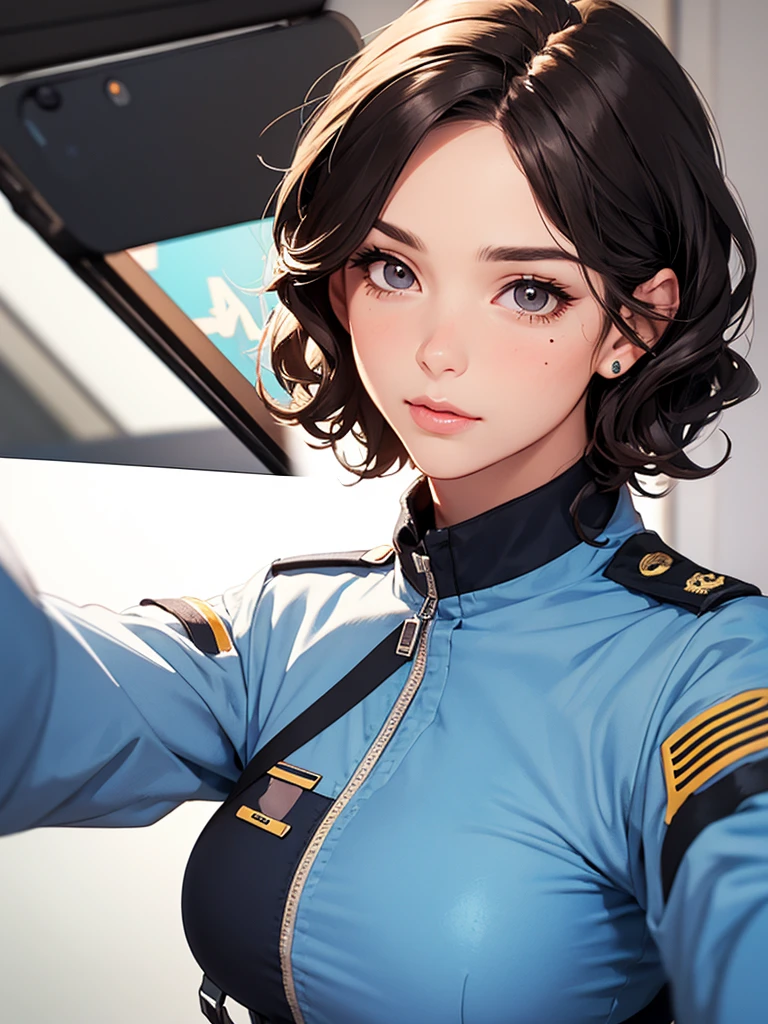 空軍パイロットの制服を着た少女, トップショット,((自撮り)), ランダムな背景, キス, 公平, フランスのショートカーリーヘア, 左目の下に涙母斑がある, 中くらいの胸, 左胸上部のほくろ, いちゃつく表情, ((非常に詳細)), (完璧な顔のディテール), (細かい手), リアルな画像.