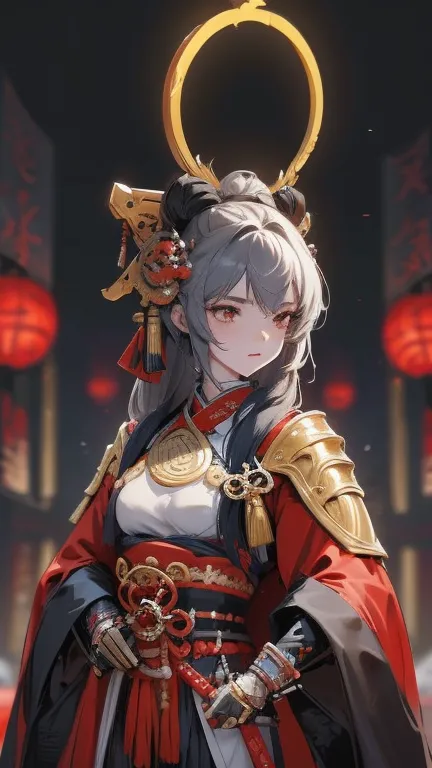 girl in samurai armor with fur around the neck and waist, oni helmet, adornos de detalles polvorientos, cansada de la batalla, g...