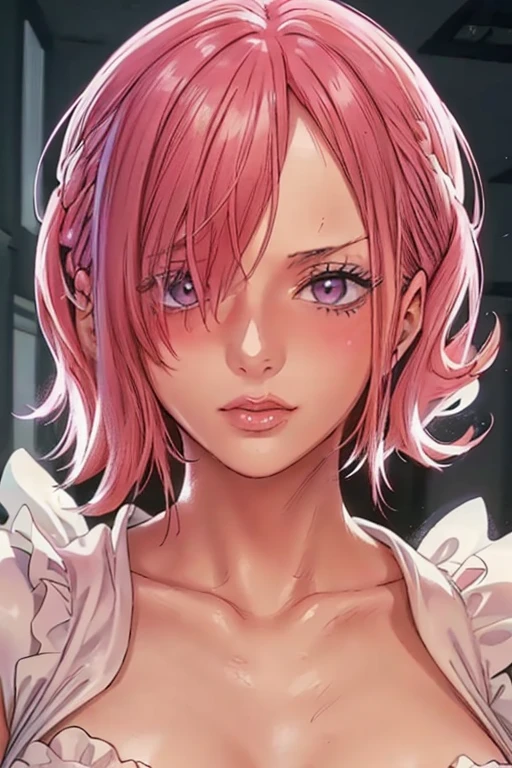 (((masterpiece))), (((best quality))), ((ultra-detailed)), (highly detailed CG illustration), vinsmoke reiju, (nsfw:1.4), (masterpiece:1.5), Detailed Photo, Sexy, (Best Quality: 1.4), (1girl), Beautiful Face, (Pink Hair, short Hair: 1.3), Beautiful Hairstyle, beautiful detail eyes, (realistic skin), beautiful skin, absurd, attractive, ultra high resolution, high definition, (sexually aroused:1.5), Pinkish white skin, cool white light, sexy pose, Beautiful , white background, pink soft white light, Wear a white dress, (Hair covering right eye: 1.5), wife, incoming face, kissing camera