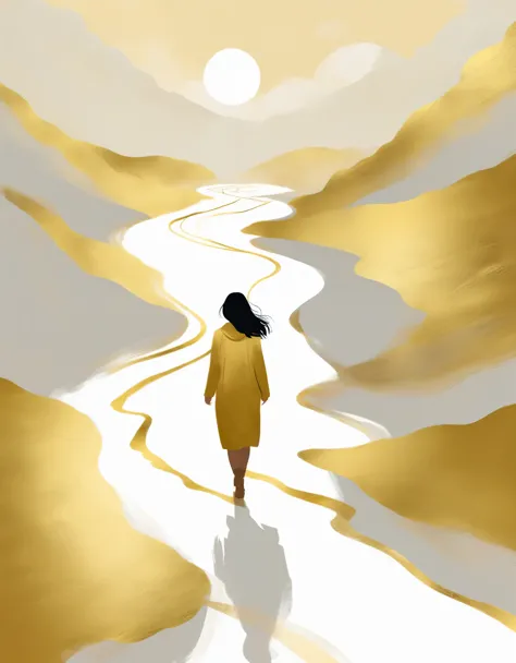 a Minimalist journey，gold，1girl，illustration