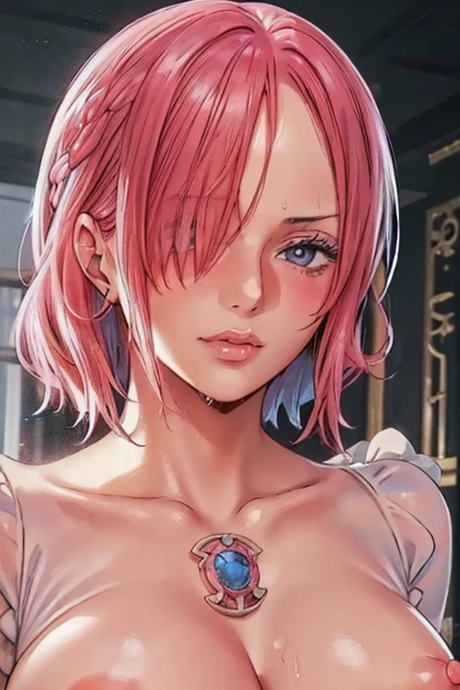 (((masterpiece))), (((best quality))), ((ultra-detailed)), (highly detailed CG illustration), vinsmoke reiju, (nsfw:1.4), (masterpiece:1.5), Detailed Photo, Sexy, (Best Quality: 1.4), (1girl), Beautiful Face, (Pink Hair, short Hair: 1.3), Beautiful Hairstyle, beautiful detail eyes, (realistic skin), beautiful skin, absurd, attractive, ultra high resolution, high definition, (sexually aroused:1.5), Pinkish white skin, cool white light, sexy pose, Beautiful , white background, pink soft white light, Wear a white dress, (Hair covering right eye: 1.5), wife, incoming face, kissing camera