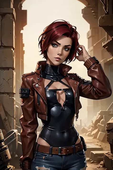 woman with short red pixie undercut hairstyle, desert ranger, lilith from borderlands style clothing, black leather bolero jacke...