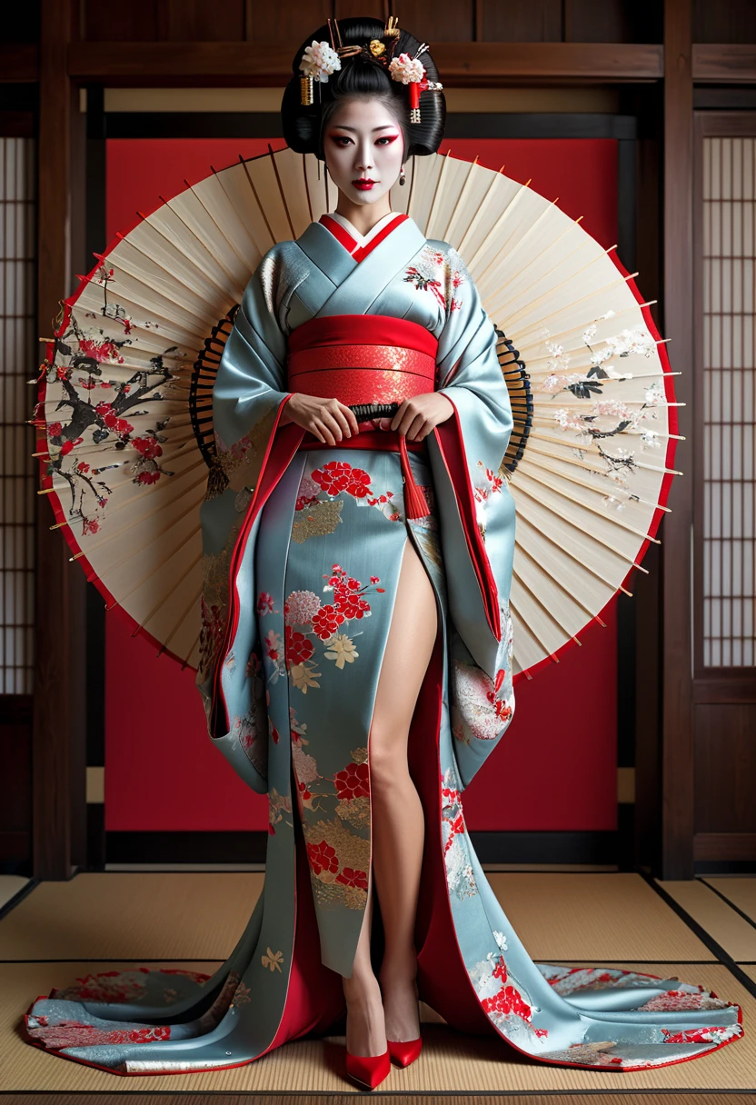ein sehr detailliertes Ganzkörperporträt einer schönen sexy japanischen Geisha. 8k, octane render, Komplexe Hyperdetails, symmetrisch , fotorealistisch