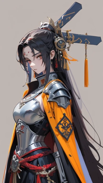 a closeup of a woman in black and reddish armor, Detailed anime character art, hyper detailed fantasy character, Northern Warrior, thick armor, portrait gentleman woman, wearing detailed armor, girl in ornate samurai knight armor