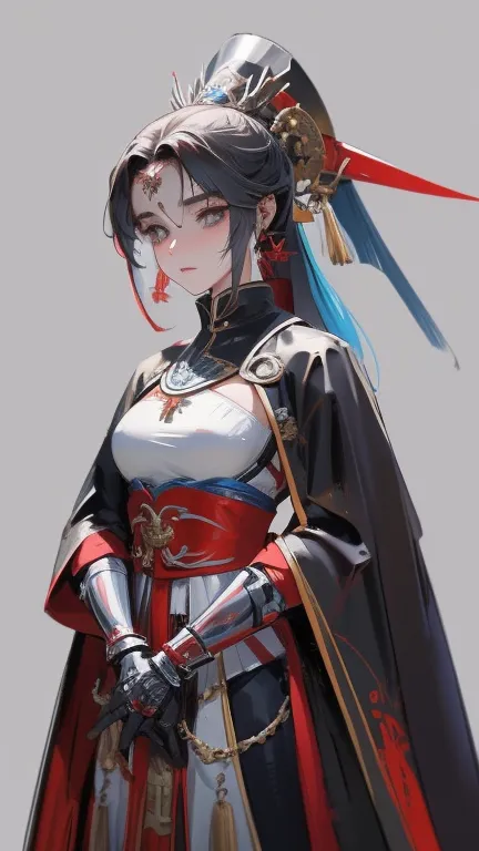 un primer plano de una mujer con armadura de color negro y rojizo, arte detallado del personaje de anime, hyper detailed fantasy...
