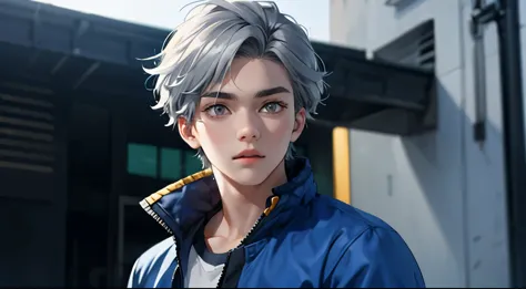 gray hair gray eyes 16 years old has a blue jacket