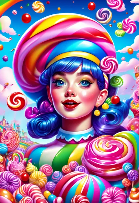 1girl, Candyland, aesthetic, vibrant colors Candyland wonderland gouache swirls detailed Candy art style! Whimsical playful colo...