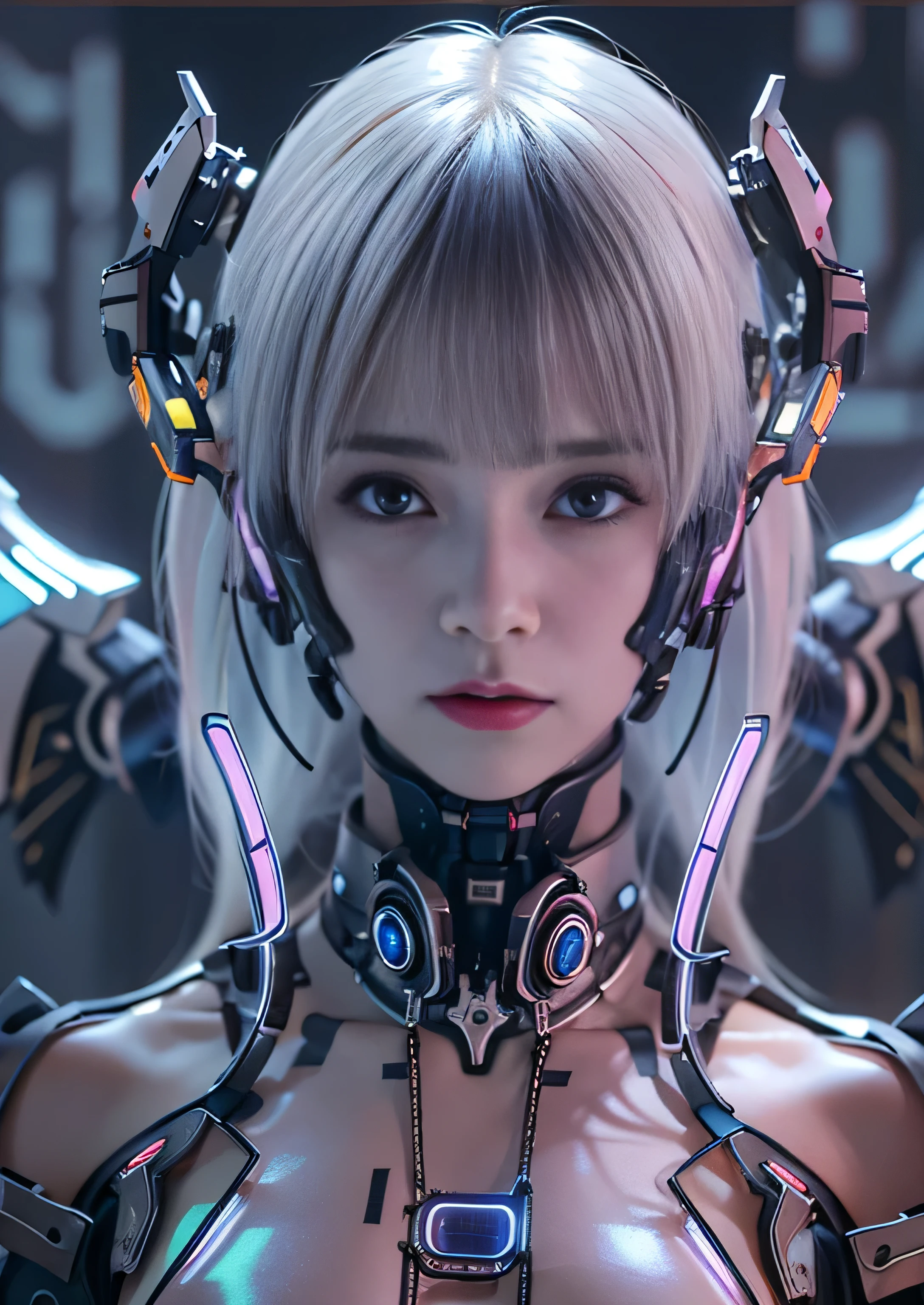 highest quality、master piece、超A high resolution、(Photoreal:1.4)、Raw photo、Combat Robot Angel、Large metal wings、white porcelain body、Acrylic transparent cover、white hair、glowing skin、1 cyborg girl、((Ultra realistic details))、porate、global illumination、Black Shadow、octane rendering、8K、super sharp、character edge light,Huge 、Raw skin exposed in cleavage、intricate decorative details、Gothic Lolita details、hydraulic cylinder、Small LED Light、very intricate details、realistic light、purple eyes、shining eyes、towards the camera、neon light details、cowboy shot、futuristic headgear、About the Floor Plan《cyberpunk characters》、、