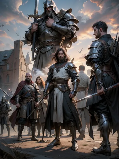Medieval Europe，Male Knight,, Burly man, full body armors, Batik long shirt, white robe,  village，Use a dagger, heroic, battlefi...