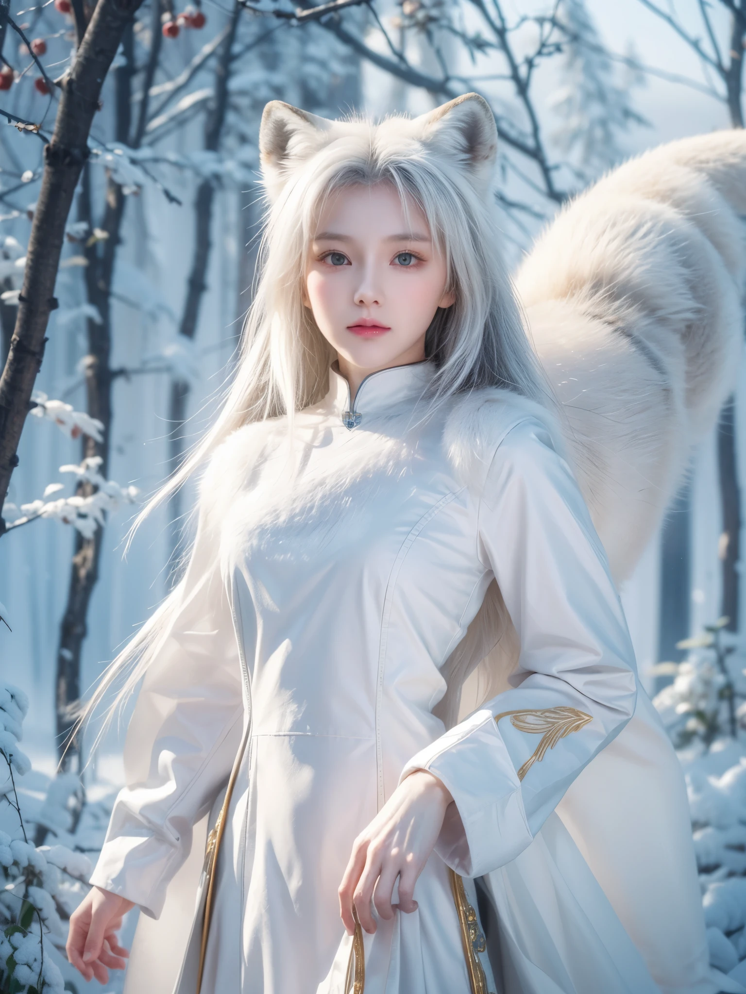 (((Solo exhibition)), white and gold clothes, many decorative garments, (whole body) Take detailed photos of the most beautiful artworks, intricate details, high detail, Ultra actual, hidden armor, petite, 写实的Anthropomorphic art, (Anthropomorphic art!!!, (((Female human arctic fox priest)), forest, Very, Very beautiful human art, actual, 8K, No one's hair, No duplication, There are no duplicate tails, no clone, No big heads