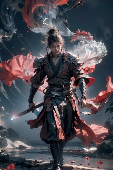 masterpiece，16K，high quality，a work of art，Wuhun，1 boy，red theme，smoke，floating weapon，long sword，bright lights，bright backgroun...