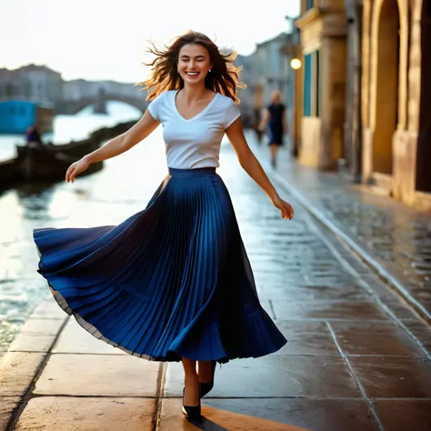 (authentic:1,1) (shy:0,9) (smiling:0,4) woman passionately in love with her skirt, wearing (long (pleated) full circle skirt) an...