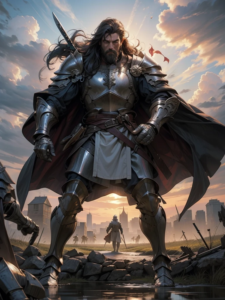 Medieval Europe，Male Knight,, Burly man, full body armors, Batik long shirt, white robe,  village，Use a dagger, heroic, battlefield , dramatic sunset, smokes, Battle Siege, full body view，stand up，dynamic poses，farmer，river