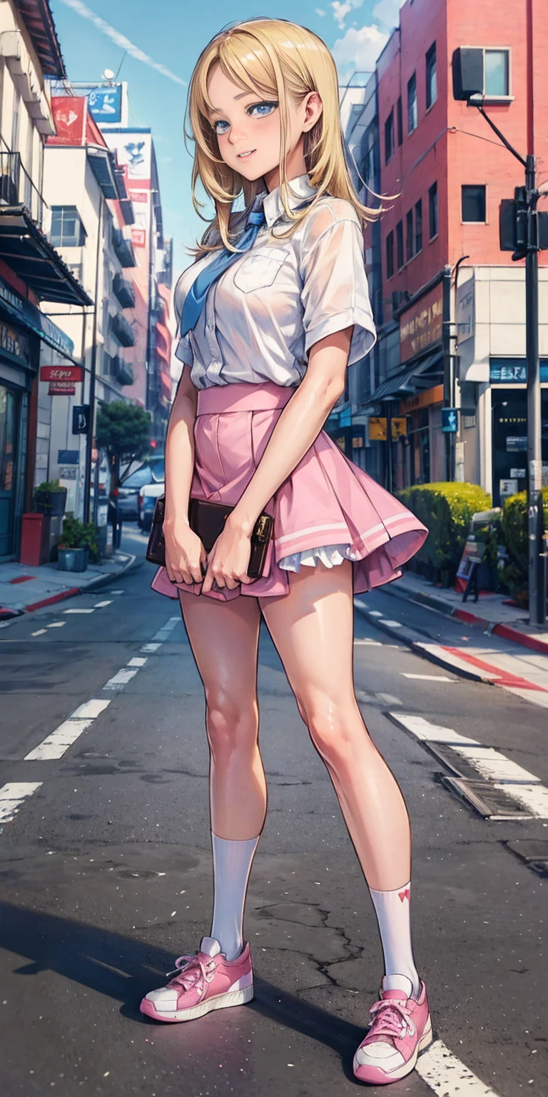 beautiful, (masterpiece:1.2), (best quality:1.2), Beautiful 10-year-old white girl with blue eyes, long swept-back straight blond hair, Happy), Pink and white frilly miniskirt, pink shirt, pink socks, white sneakers, California City background, daylight.