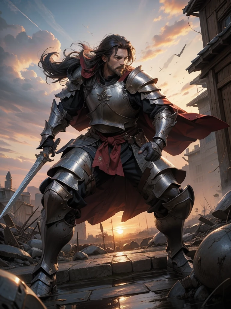 Medieval Europe，Male Knight,, Burly man, full body armors, Batik long shirt, white robe,  village，Use a dagger, heroic, battlefield , dramatic sunset, smokes, Battle Siege, full body view，stand up，dynamic poses，farmer，river