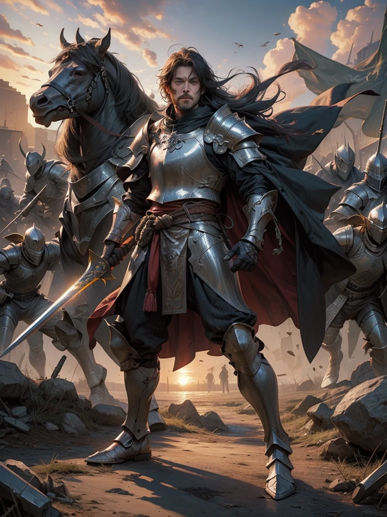 Medieval Europe，Male Knight,, Burly man, full body armors, Batik long shirt, white robe,  village，Use a dagger, heroic, battlefield , dramatic sunset, smokes, Battle Siege, full body view，stand up，dynamic poses，farmer，river