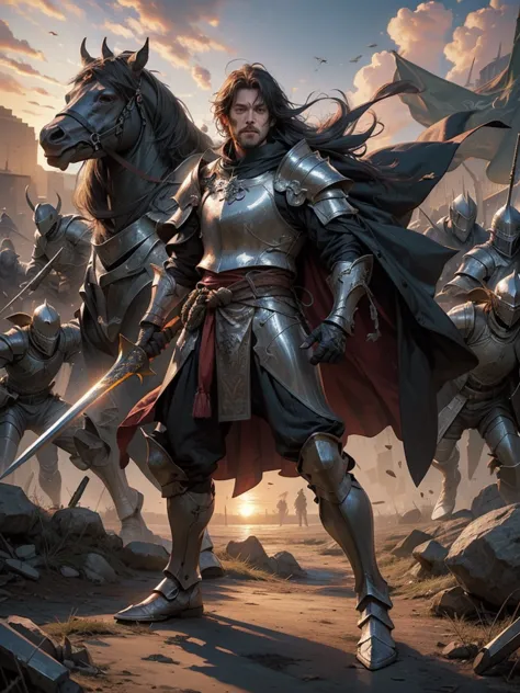 Medieval Europe，Male Knight,, Burly man, full body armors, Batik long shirt, white robe,  village，Use a dagger, heroic, battlefi...