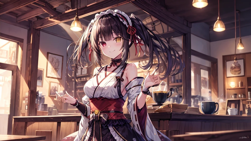 (original photo, best quality), 1 girl, Tokisaki Kurumi, natural lighting, Upper body, cafes, Smile, Satosh Khan Art Style