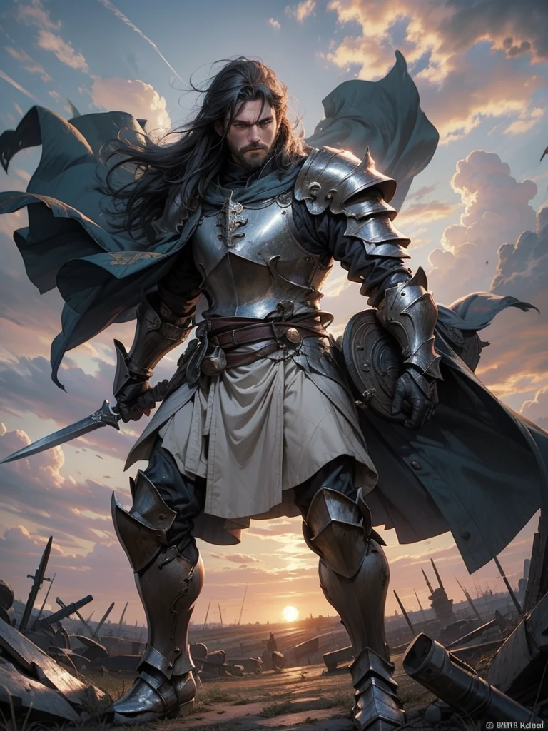 Medieval Europe，Male Knight,, Burly man, full body armors, Batik long shirt, white robe,  village，Use a dagger, heroic, battlefield , dramatic sunset, smokes, Battle Siege, full body view，stand up，dynamic poses，farmer，riveeld，