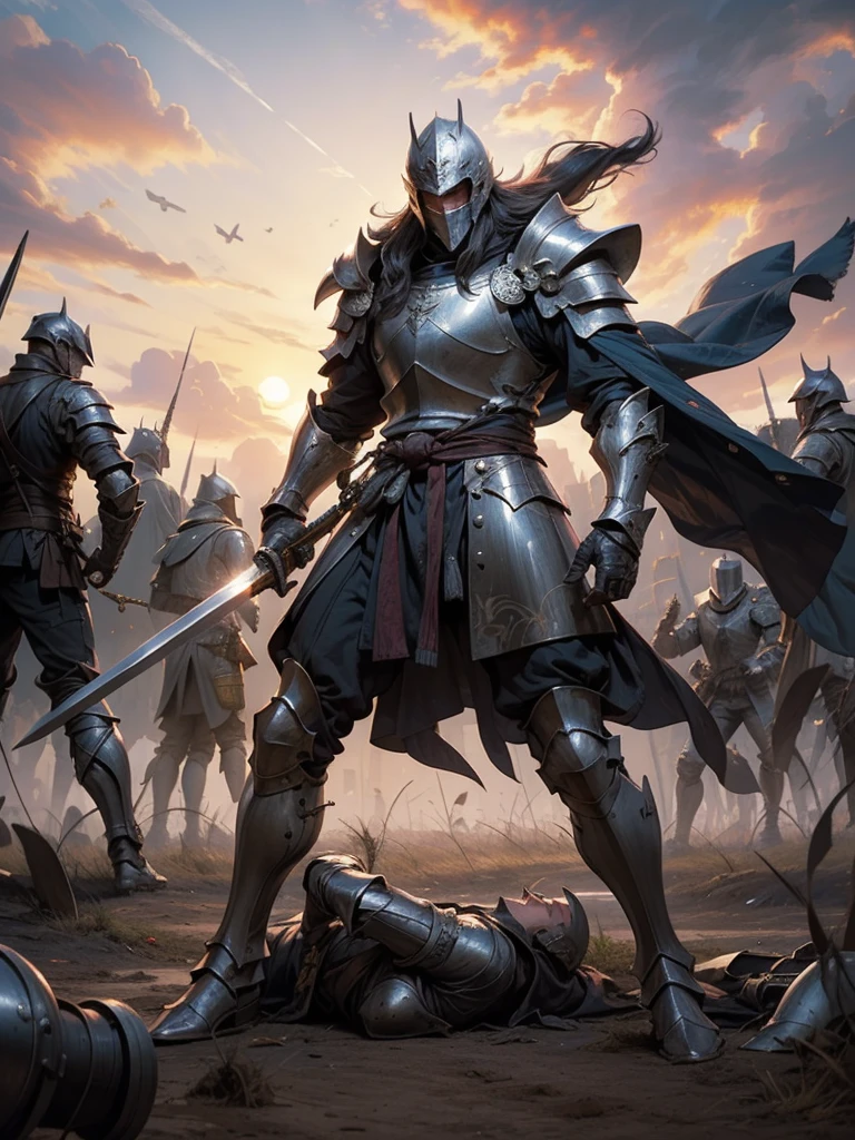 Medieval Europe，Male Knight,Wear a helmet, Burly man, full body armors, Batik long shirt, white robe,  village，using a long sword, heroic, battlefield , dramatic sunset, smokes, Battle Siege, full body view，stand up，dynamic poses，farmer，riveeld，