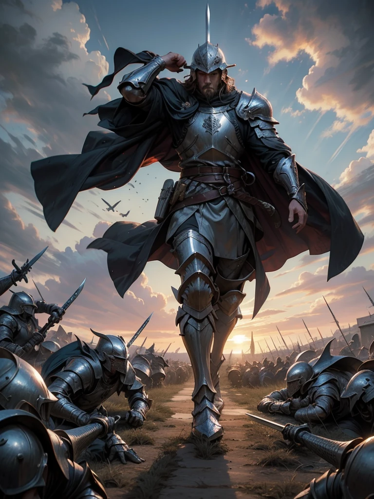 Medieval Europe，Male Knight,Wear a helmet, Burly man, full body armors, Batik long shirt, white robe,  village，using a long sword, heroic, battlefield , dramatic sunset, smokes, Battle Siege, full body view，stand up，dynamic poses，farmer，riveeld，