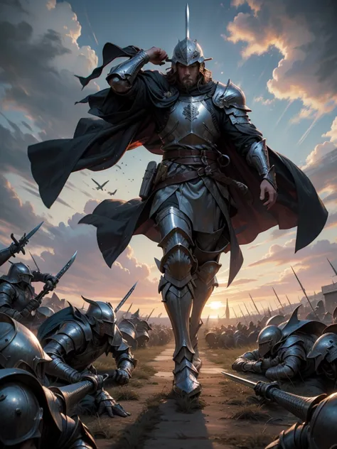 Medieval Europe，Male Knight,Wear a helmet, Burly man, full body armors, Batik long shirt, white robe,  village，using a long swor...