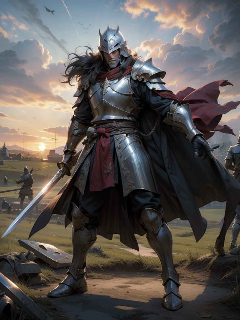 Medieval Europe，Male Knight,Wear a helmet, Burly man, full body armors, Batik long shirt, white robe,  village，using a long sword, heroic, battlefield , dramatic sunset, smokes, Battle Siege, full body view，stand up，dynamic poses，farmer，riveeld，Long shot