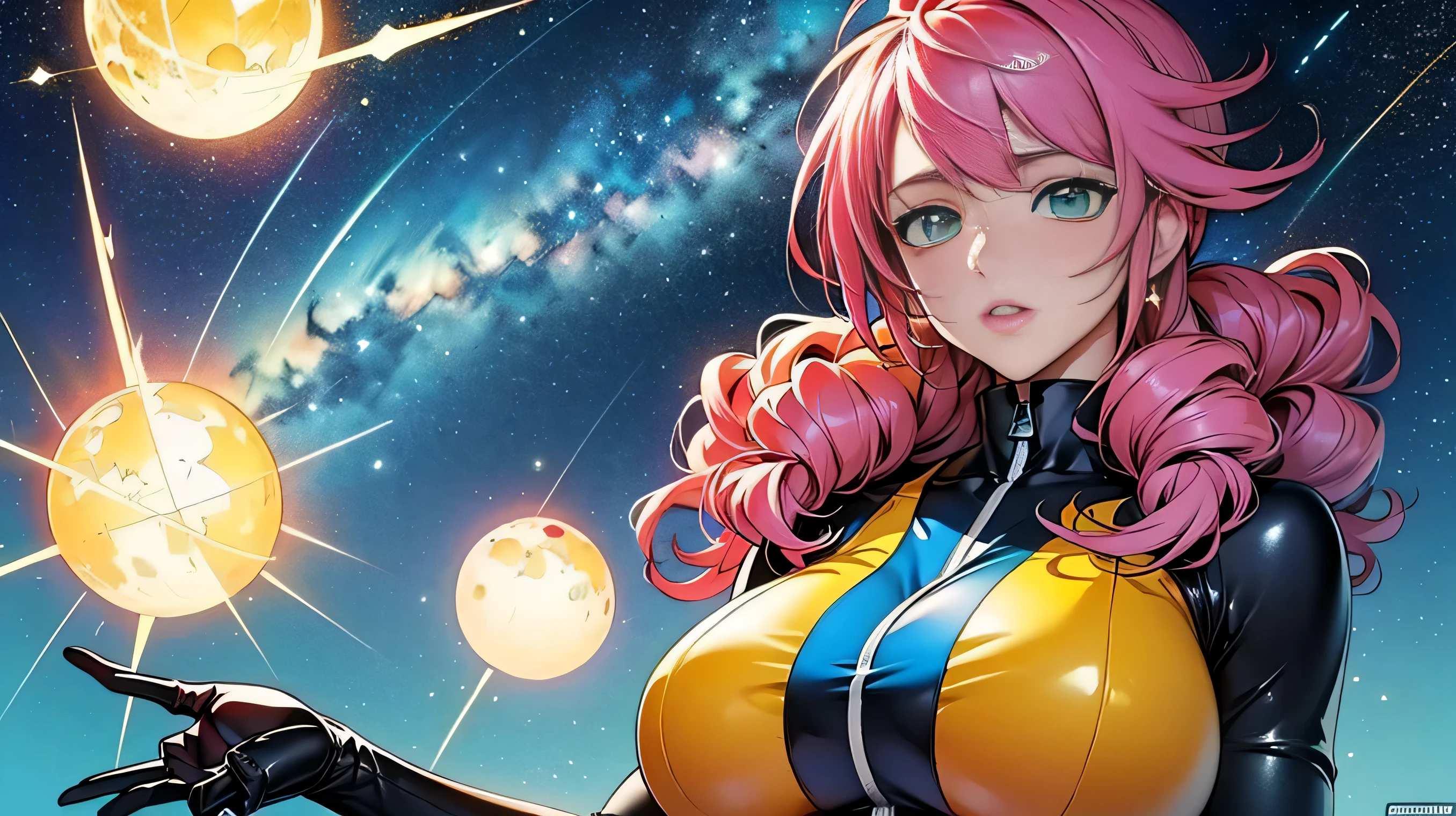 (masterpiece, top quality), (medium),official art, beautiful and aesthetic:1.2),(feldt:1.3), (fractal art:1.3), gundam00, pink hair, ((yellow bodysuit)), from side, (slendered abs:1.2), looking at viewer,(((starry sky))), stars in the background,((black gloves)),((gigantic breasts:1.5)), (drill hair),((ultra detail eyes:1.5)),((extremely detailed CG unity 8k wallpaper,masterpiece, best quality)), ((ultra-detailed:1.5)),(best illumination, best shadow, an extremely delicate and beautiful),(extremely detailed CG unity 8k wallpaper,masterpiece, best quality, ultra-detailed),(best illumination,  best shadow, an extremely delicate and beautiful),(masterpiece), digital art, otherworldly, a burst of color, explosive energy, chaotic beauty, (hair flowing:1.2, hair glowing), (background: broken, shattered, fractured), (light: flickering, pulsating, radiating).