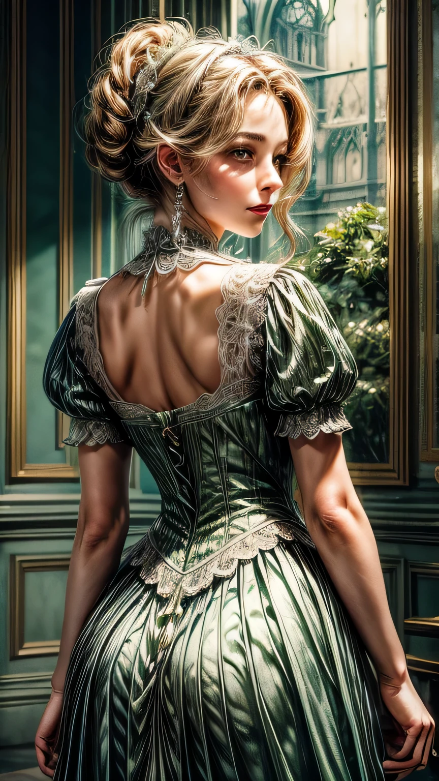 ((high quality work)), The lines are clear and concise., The green dress and beautiful pleated lace complement each other, It enriches the overlap of the whole picture, Elegant Edwardian lace dresses and princess skirts enhance the character, Gesture of turning the back of the hand back , Expresses the gentle and elegant side of women. ((close up of face))､