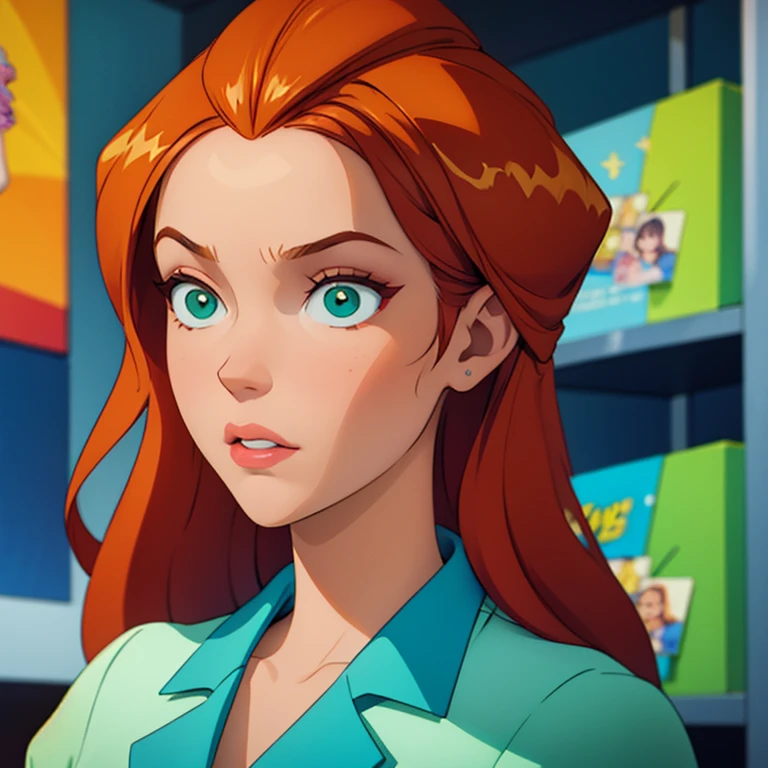 sam \(totally spies\), orange hair, long hair, green eyes, expressionless, full head, showing both ears, closed lips