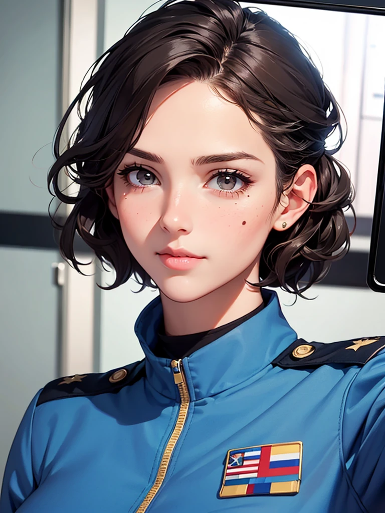 girl wearing air force pilot uniform, top shot,((Selfie)), random background, kiss, Fair, French short curly hair, There is a tear nevus under the left eye, medium breasts, Mole on upper left chest, Flirting look, ((Very detailed)), (Perfect facial details), (Detailed hands), realistic images.